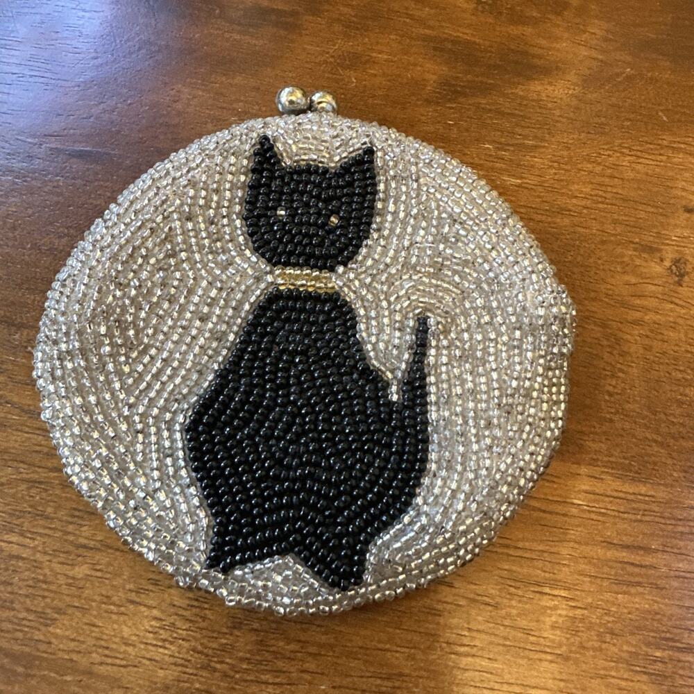 Black Cat Silver Beaded Coin Purse Pouch Kiss Lock Korea Beadwork 4" 1960's
